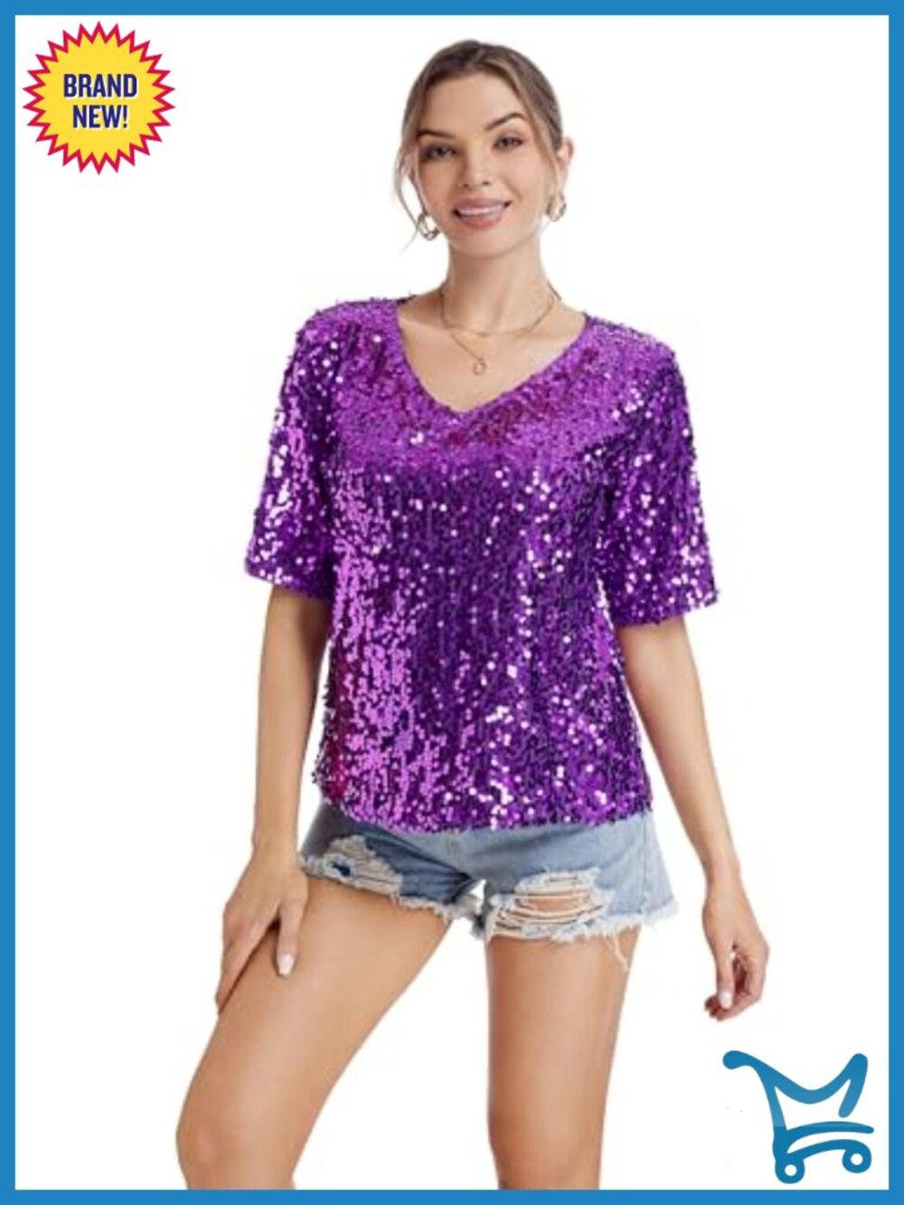 Sequin Glitter V Neck Loose Fit Tunic Blouse Half Sleeve Party Top